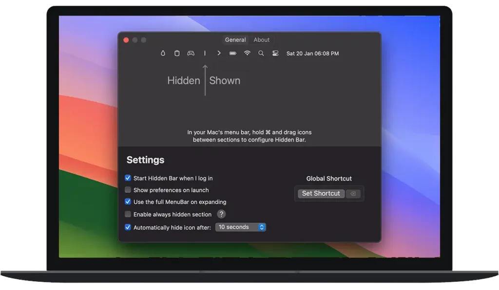 shows preferences window of hidden bar in macos